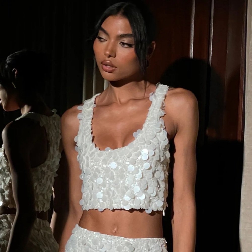 Meshki White Sequin Crop Top